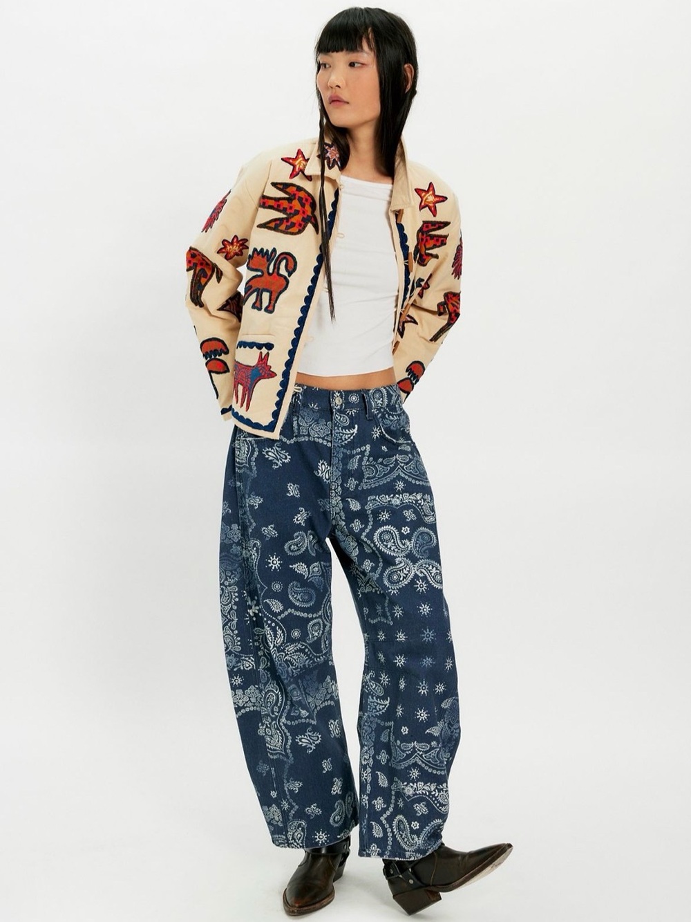 Free People Good Luck Mid Rise Printed Barrel Jeans